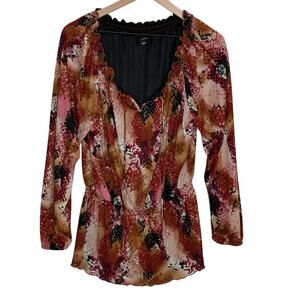 Elementz Earth Tones Deep V Neck Ruffled Cinched Long Sleeve Romantic Blouse